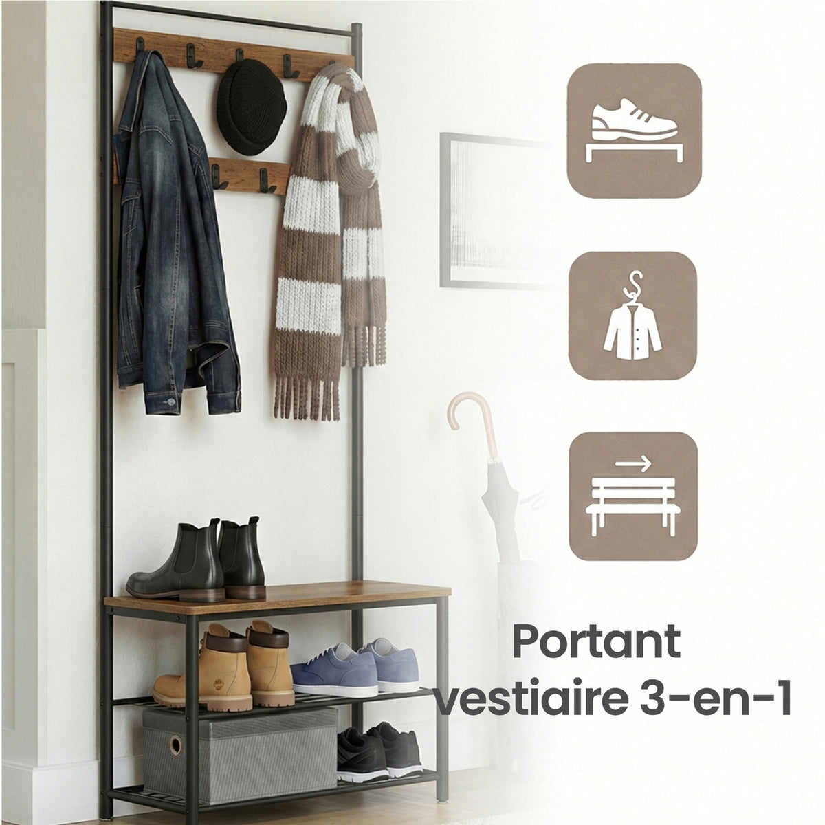 Portemanteau, 32 x 70 x 175 cm, Vestiaire avec Banc de Rangement pour Chaussures, Style Industriel, noir et marron