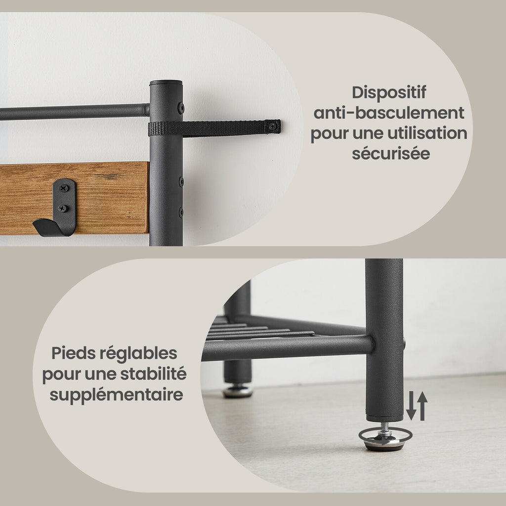 Portemanteau, 32 x 70 x 175 cm, Vestiaire avec Banc de Rangement pour Chaussures, Style Industriel, noir et marron