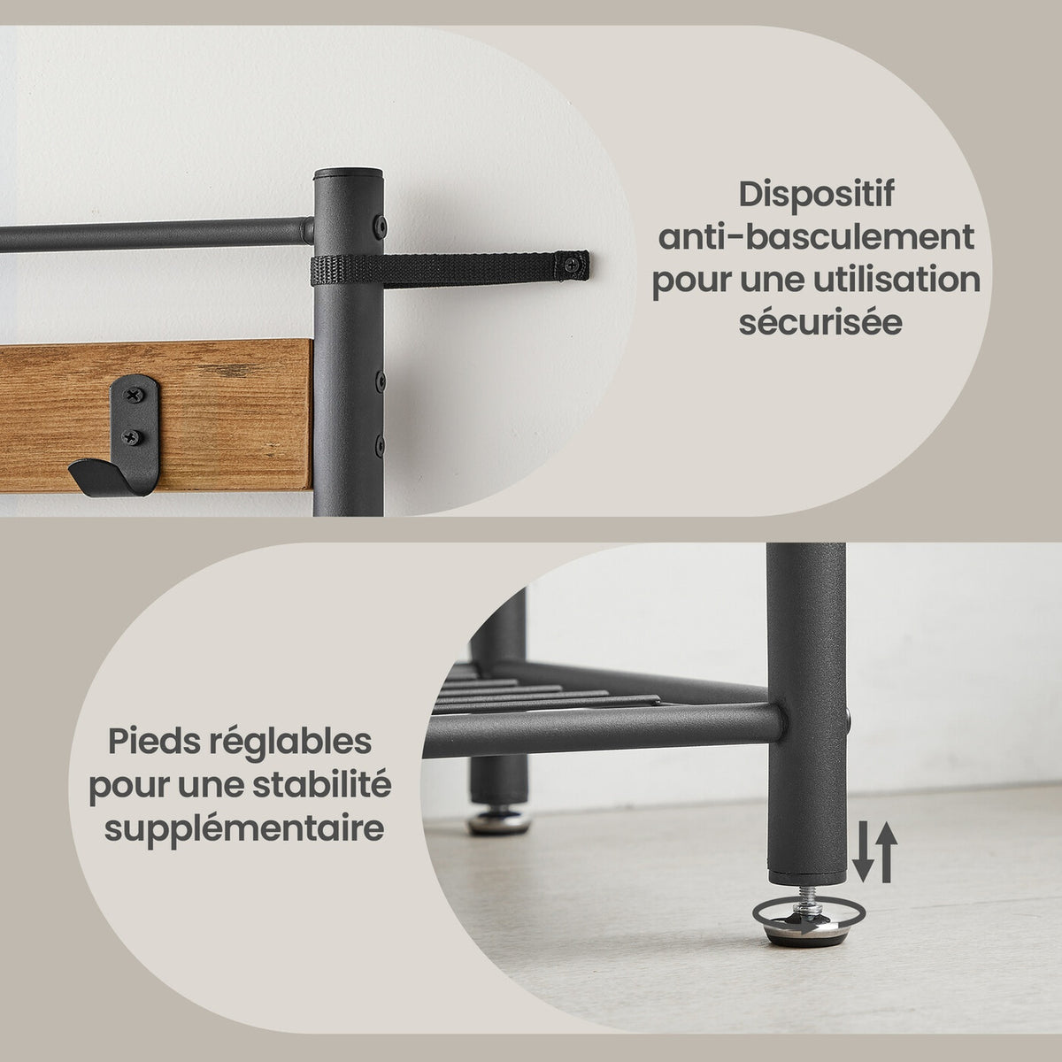 Portemanteau, 32 x 70 x 175 cm, Vestiaire avec Banc de Rangement pour Chaussures, Style Industriel, noir et marron