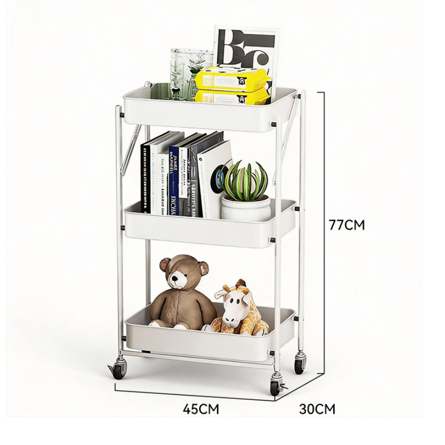 Chariot de rangement pliable à 3 niveaux sur roulettes, organisateur de stockage mobile