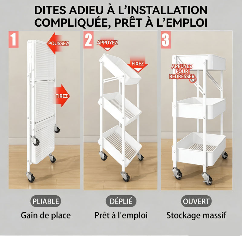 Chariot de rangement pliable à 3 niveaux sur roulettes, organisateur de stockage mobile
