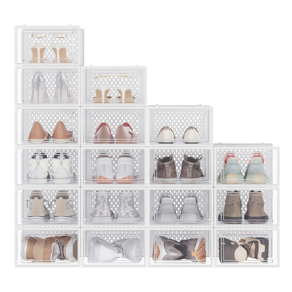 Boîtes à Chaussures, Lot de 18, en Plastique, pour Chaussures Jusqu’à la Pointure 43, Transparent et Blanc