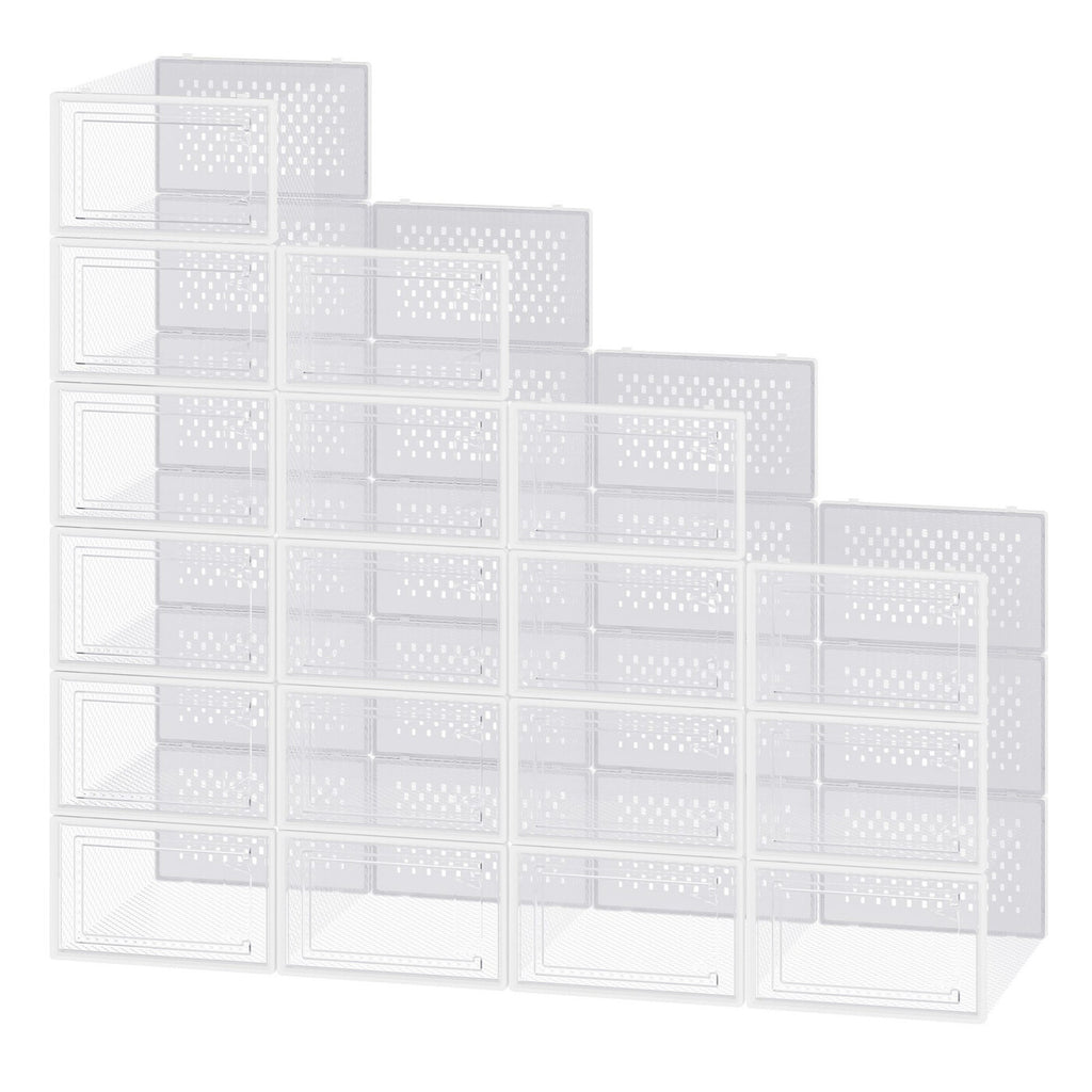 Boîtes à Chaussures, Lot de 18, en Plastique, pour Chaussures Jusqu’à la Pointure 43, Transparent et Blanc