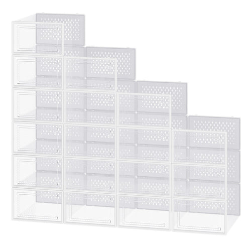 Boîtes à Chaussures, Lot de 18, en Plastique, pour Chaussures Jusqu’à la Pointure 43, Transparent et Blanc