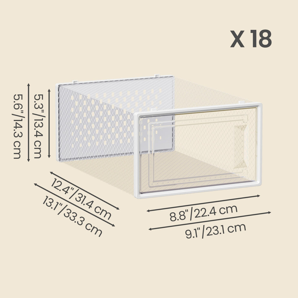 Boîtes à Chaussures, Lot de 18, en Plastique, pour Chaussures Jusqu’à la Pointure 43, Transparent et Blanc