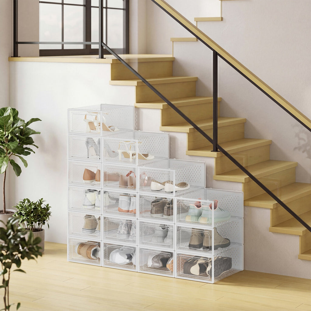 Boîtes à Chaussures, Lot de 18, en Plastique, pour Chaussures Jusqu’à la Pointure 43, Transparent et Blanc