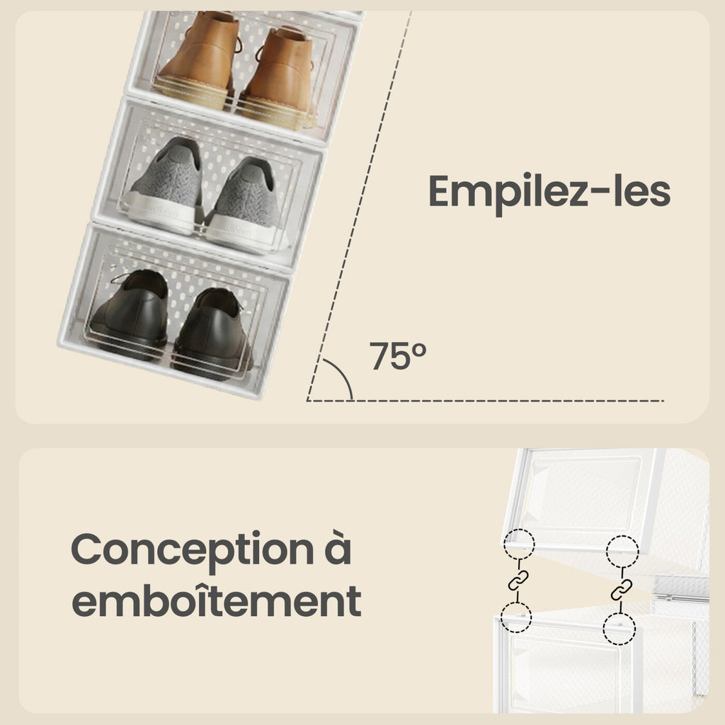 Boîtes à Chaussures, Lot de 18, en Plastique, pour Chaussures Jusqu’à la Pointure 43, Transparent et Blanc