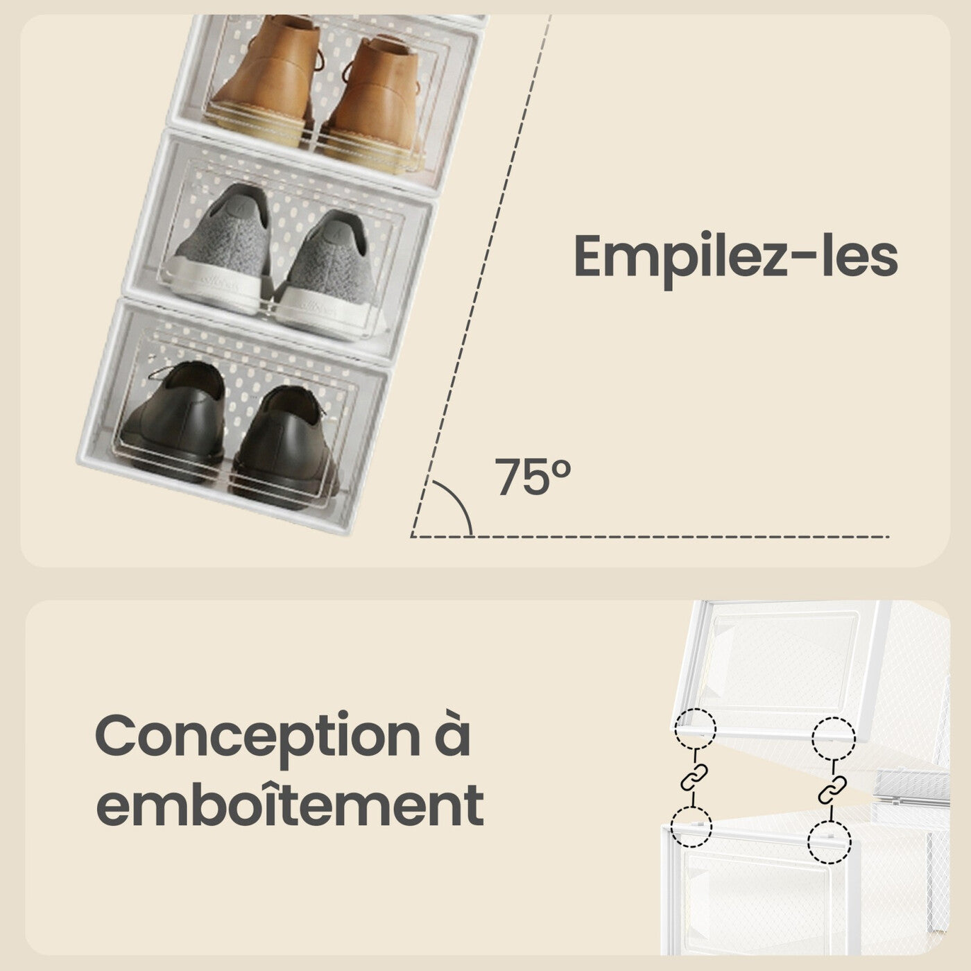 Boîtes à Chaussures, Lot de 18, en Plastique, pour Chaussures Jusqu’à la Pointure 43, Transparent et Blanc