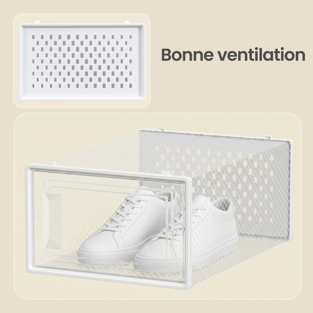 Boîtes à Chaussures, Lot de 18, en Plastique, pour Chaussures Jusqu’à la Pointure 43, Transparent et Blanc