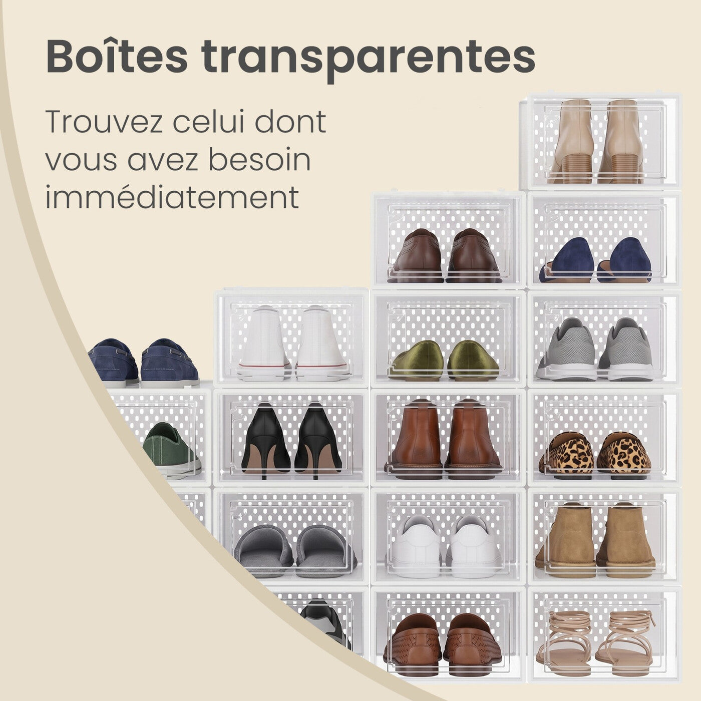 Boîtes à Chaussures, Lot de 18, en Plastique, pour Chaussures Jusqu’à la Pointure 43, Transparent et Blanc