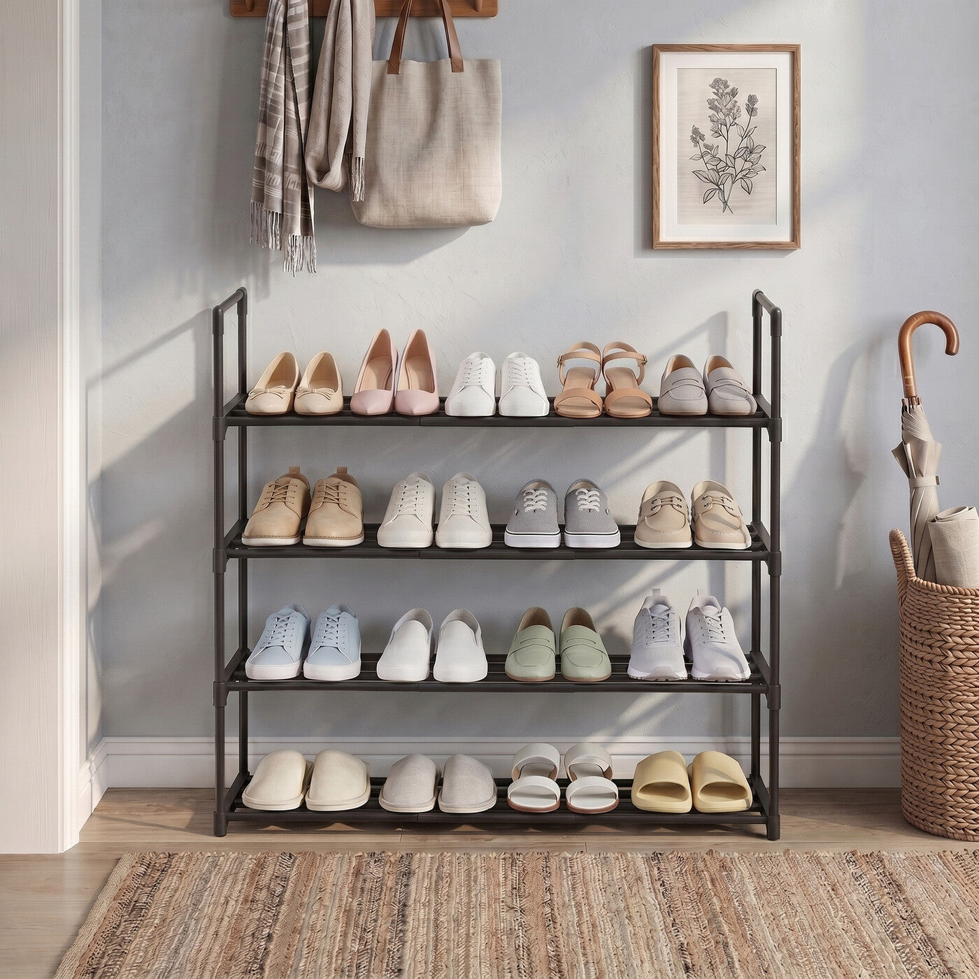 Étagère à chaussures 4 niveaux, meuble à chaussures empilable, rangement gain de place pour chambre, couloir, salon, 30 x 92 x 74 cm, noir
