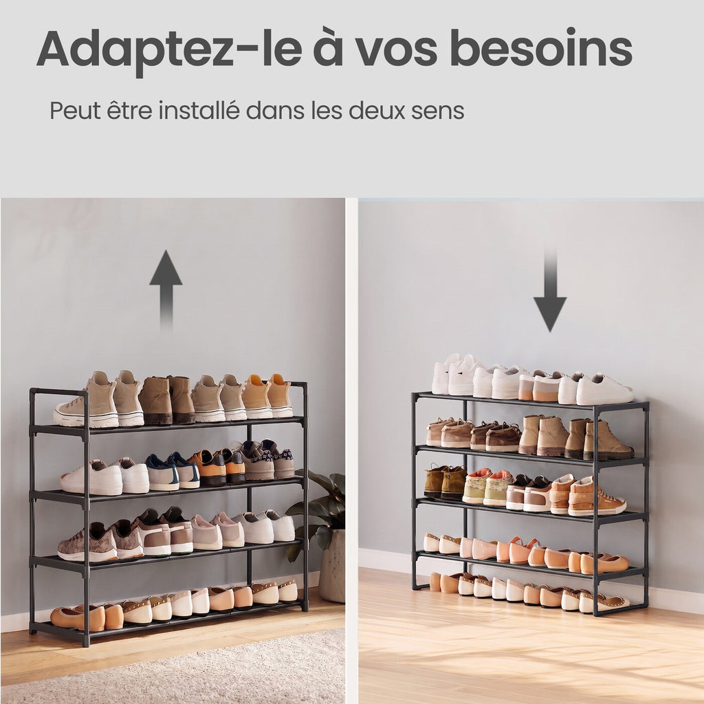 Étagère à chaussures 4 niveaux, meuble à chaussures empilable, rangement gain de place pour chambre, couloir, salon, 30 x 92 x 74 cm, noir
