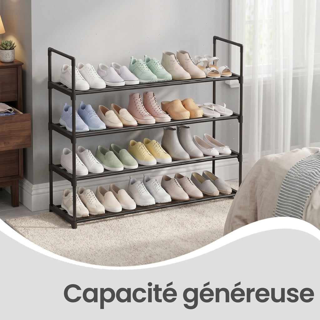 Étagère à chaussures 4 niveaux, meuble à chaussures empilable, rangement gain de place pour chambre, couloir, salon, 30 x 92 x 74 cm, noir