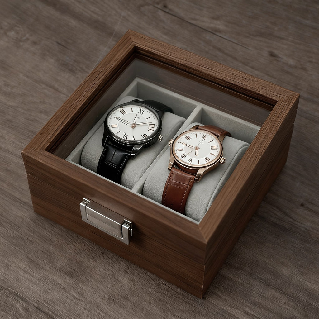 Boîte rétro pour montres, Intérieur gris, Boîte de rangement et de présentation pour montres unisexe, Cadeau idéal pour passionnés de montres, 2 emplacements