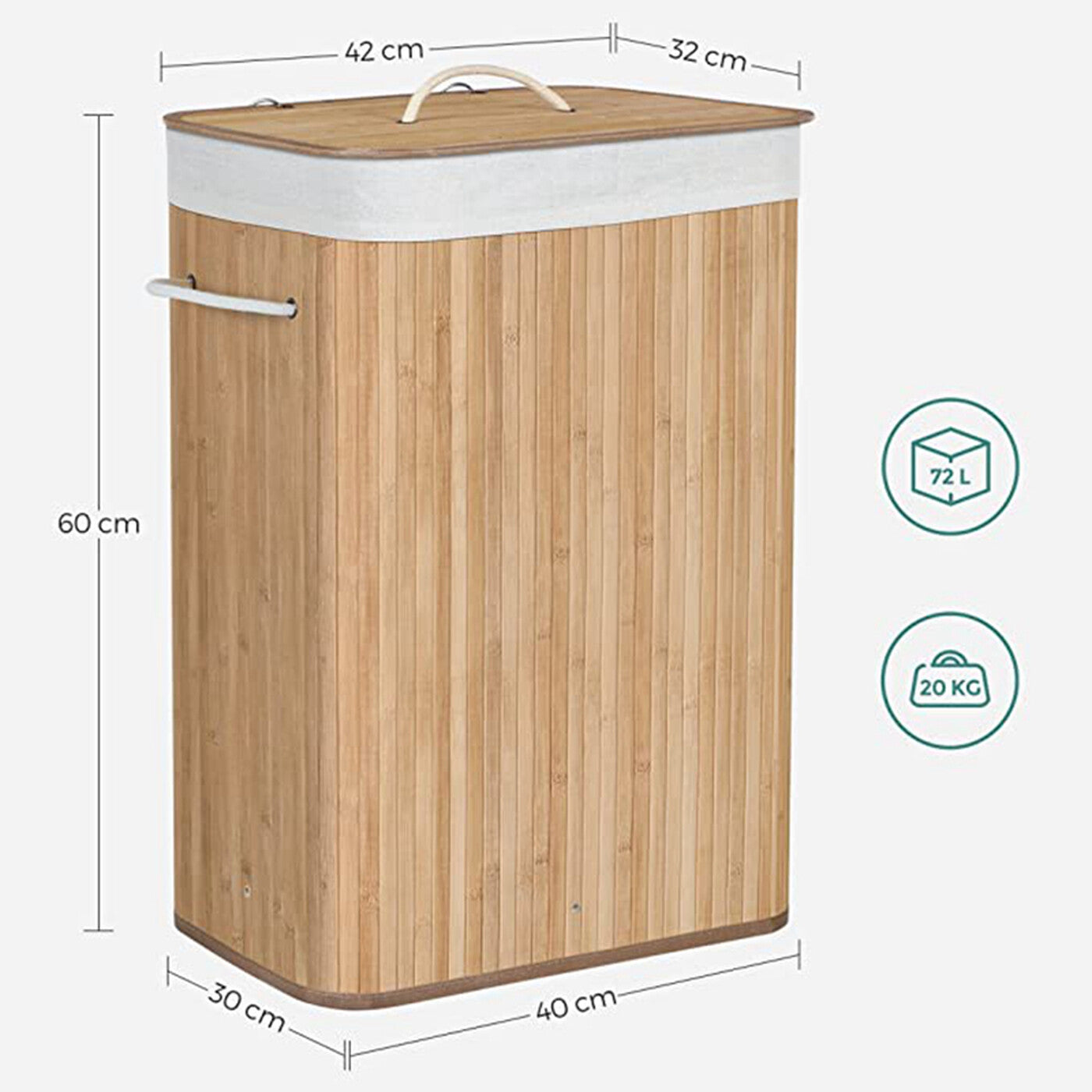 Grand panier à linge en bambou, panier à linge pliable à 2 compartiments avec couvercle, blanc ou bois