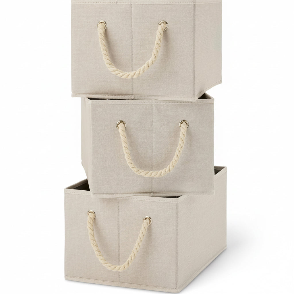 Lot de 3 boîtes de rangement pliables en lin avec poignées en corde