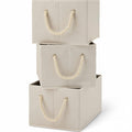Lot de 3 boîtes de rangement pliables en lin avec poignées en corde