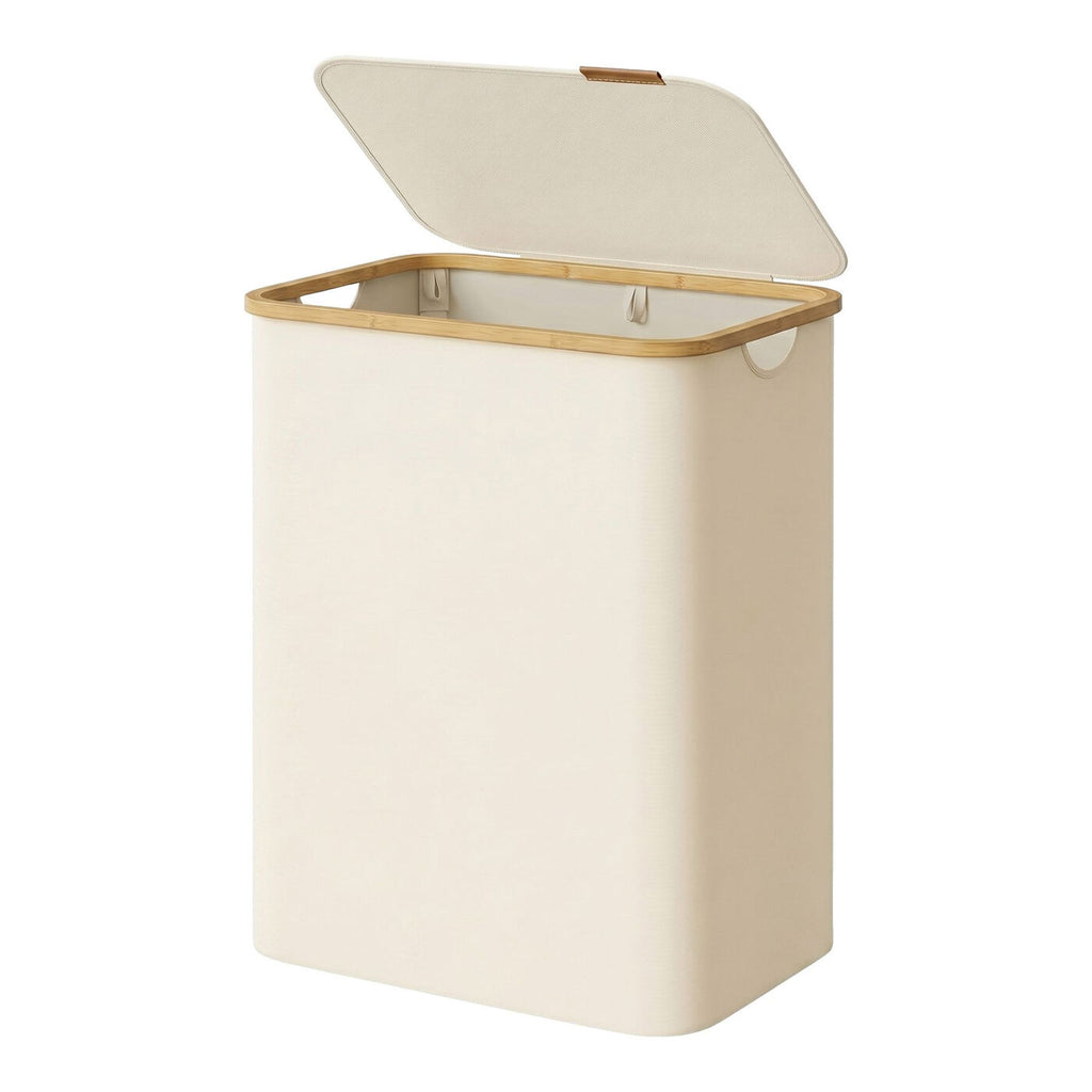 Panier à Linge avec Couvercle, Pliable, 130 L, 52 x 38,5 x 70,5 cm, Doublure Amovible, Tissu Oxford, Poignées en Bambou